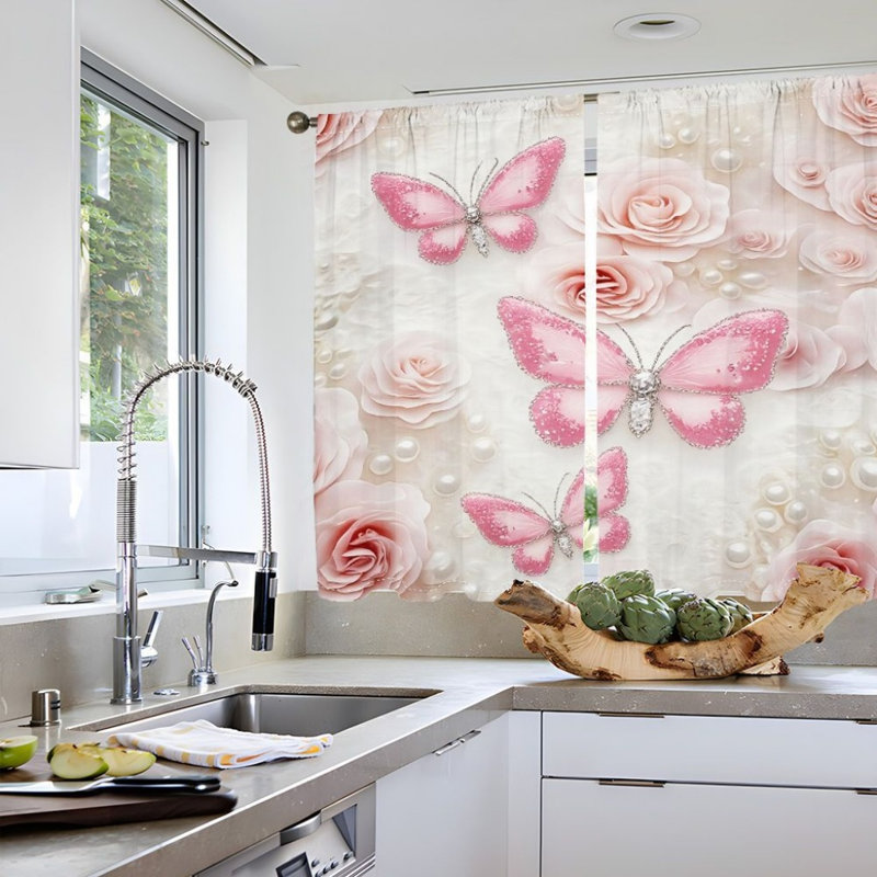 2Pcs Pink Butterfly Curtains, Elegant Rose & Pearl Pattern, Rod Pocket Window Drapes, Romantic Fairy Tale Style, Living Room Bedroom Study Window Decor