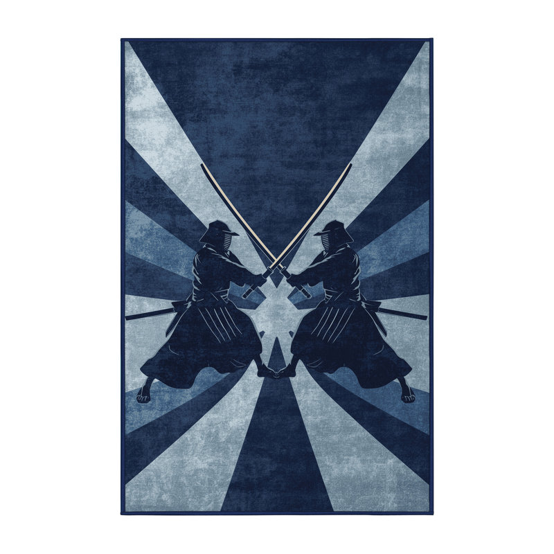 Machine Washable Paxton Kendo Duel Modern Rug in Gray – Navy Binding, 7x10