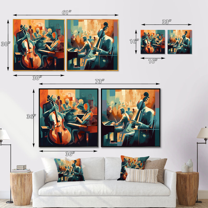 Musical Performance At Club - Music Square Collage Set Of 2, Black Floater Framed, 36" H x 73" W