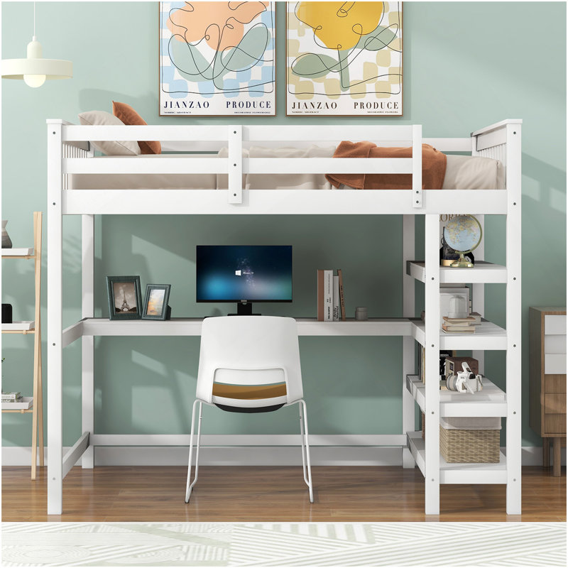 Lit mezzanine double avec tablettes de rangement et bureau sous le lit, blanc, Blanc, Lit double