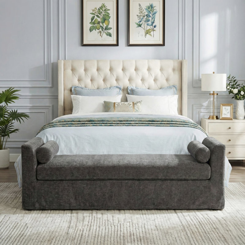 Banc moderne en chenille avec accoudoirs et deux coussins, Gris