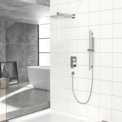 Douche murale en nickel brossé carré de 12 pouces - Barre coulissante réglable, soupape équilibrée et système de composants portatifs