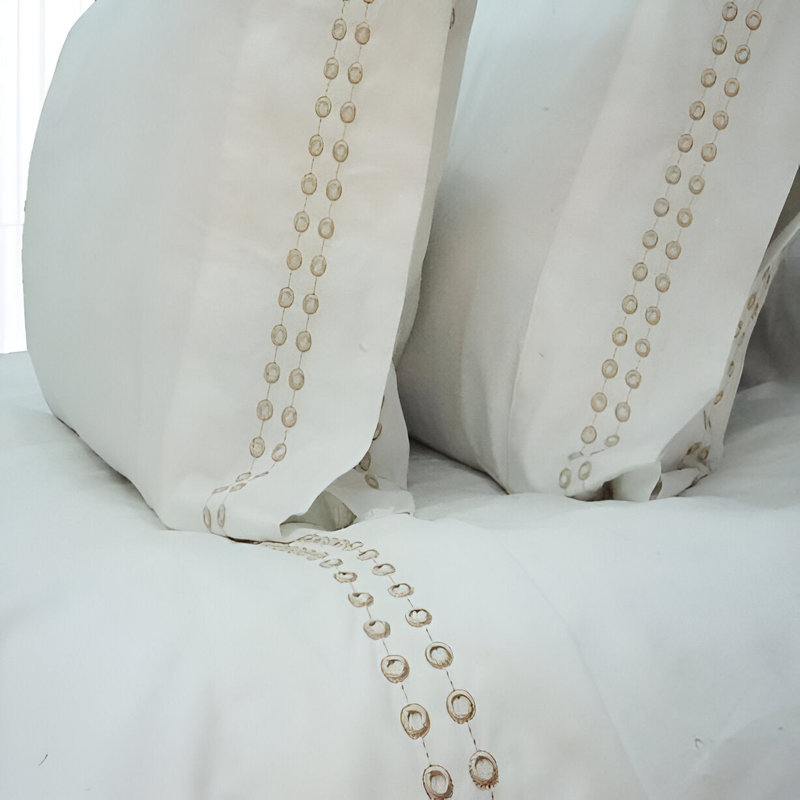 400TC Sateen Solid Cotton Dot Embroidered Cotton 4 Piece Sheet Set Fitted Sheet Fits Upto 16" Deep Pocket, Taupe Border