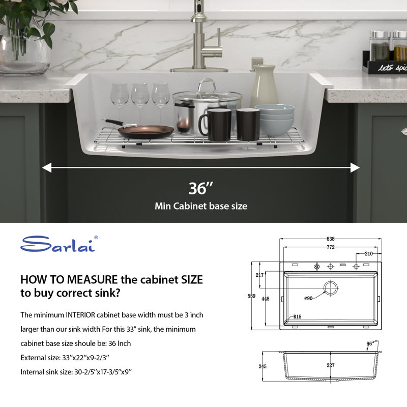 33" L x 22" W Granite Composite Drop-In Kitchen Sink Single Bowl Quartz Kitchen Sink with Sink Grid, White