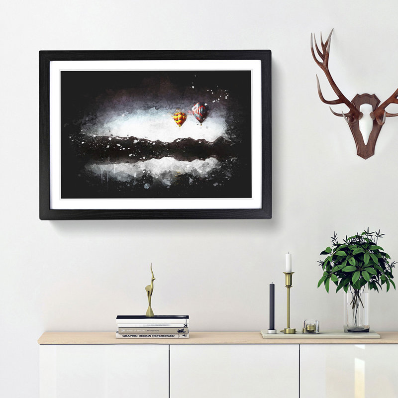 Hot Air Balloons Above A Lake - Single Picture Frame Print on MDF, Black Framed, 60cm H x 91cm W x 2cm D