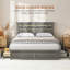 Élégante base de lit de rangement grand format avec éclairage DEL et 4 tiroirs - Base en lattes de métal gris rustique, aucun sommier nécessaire-1215879688