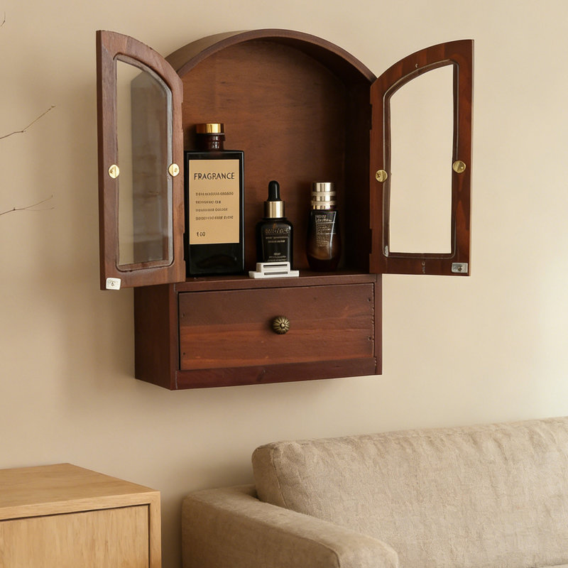 Armoire de rangement murale 8,86 "en pin massif brun rétro avec portes en verre et tiroir, tablette décorative