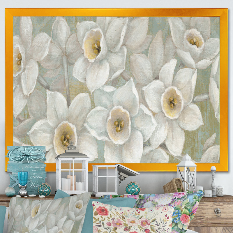 « pure floral white floral »-cadre photo imprimé sur toile, H 36 po x l 46 po x P 1,5 po, Cadre doré