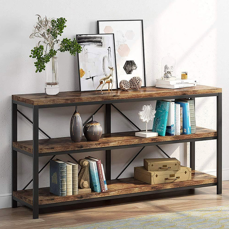 Console industrielle de 55 pouces avec tablettes ouvertes à 3 niveaux, canapé étroit brun rustique pour le salon et le couloir