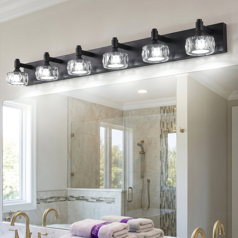 44" 6-Light Black Bathroom Vanity Light Modern LED Sconce with Crystal Shades, 6 Lights, Matte Black
