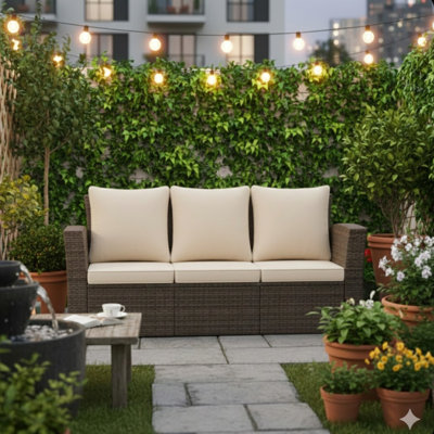 67.7" All-weather 3 Patio With Thick High Foam Cushions, Black Frame, Ergonomic , Couch Beige Cushions And Iron High-back For Comfort, Easy Assembly, Low Maintenance Outdoor