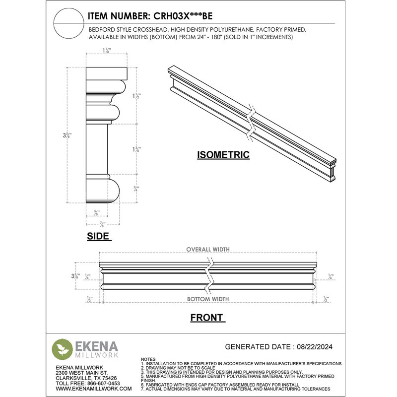 Endurathane Bedford Crosshead, 85" Bottom Width x 86 1/8" Top Width x 3 1/2"H x 7/8"P, Factory Primed, 85 inches