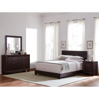 Ensemble de chambre à coucher foncé foncé pour lit simple - lit tapissier, table de chevet, commode, miroir, décor minimaliste