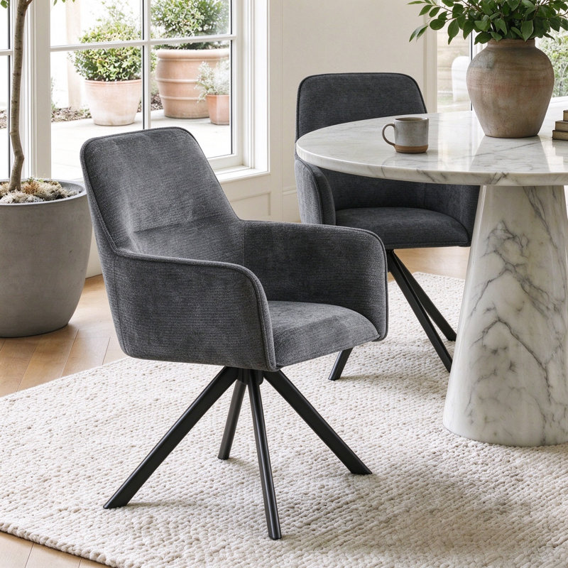 Chaises de salle à manger pivotantes Mid-Century , Chenille gris foncé