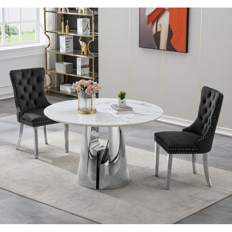 Dining Table Set, 45" Round Marble Dining Table with Velvet Dining Chairs, Circle Kitchen Table Set with Base, Dining Room Table and Chairs Set