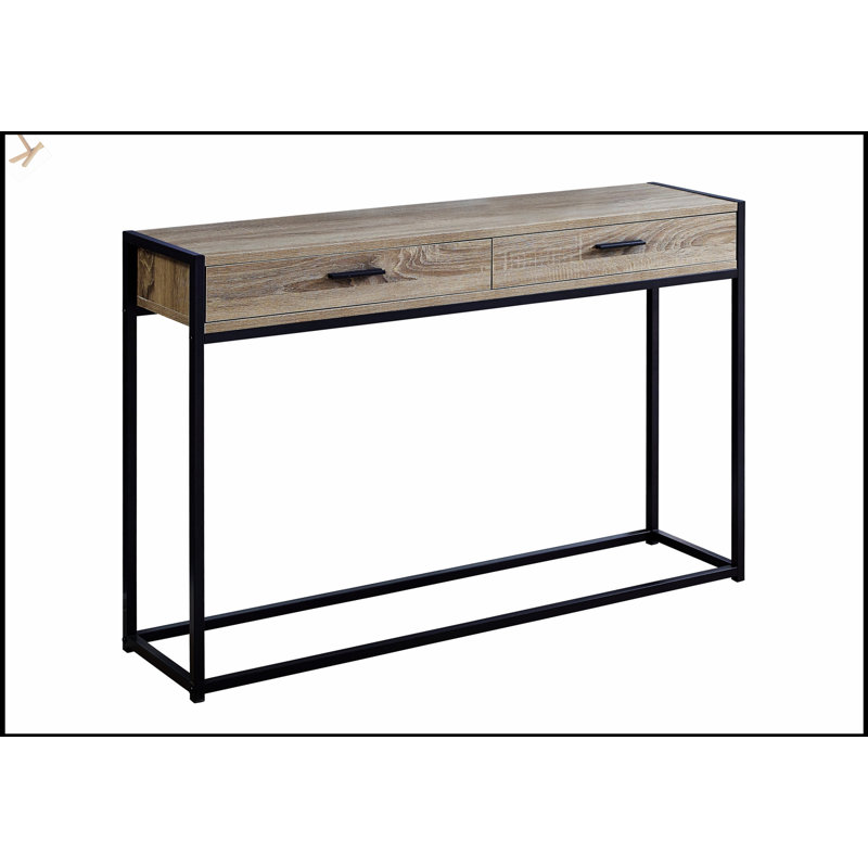 Console étroite en stratifié noir avec tiroir de rangement et base en métal durable, pour les entrées et les petits espaces.