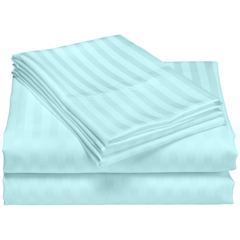 Egyptian Cotton Sateen Striped Sheet Set, Aqua, Queen Sheet Set with 2 Pillowcases