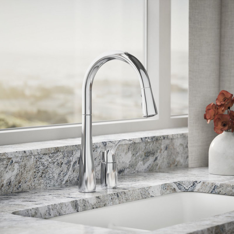 Simplice Pull Down Kitchen Sink Faucet with Three-Function Sprayhead, Two-Hole Installation, Polished Chrome