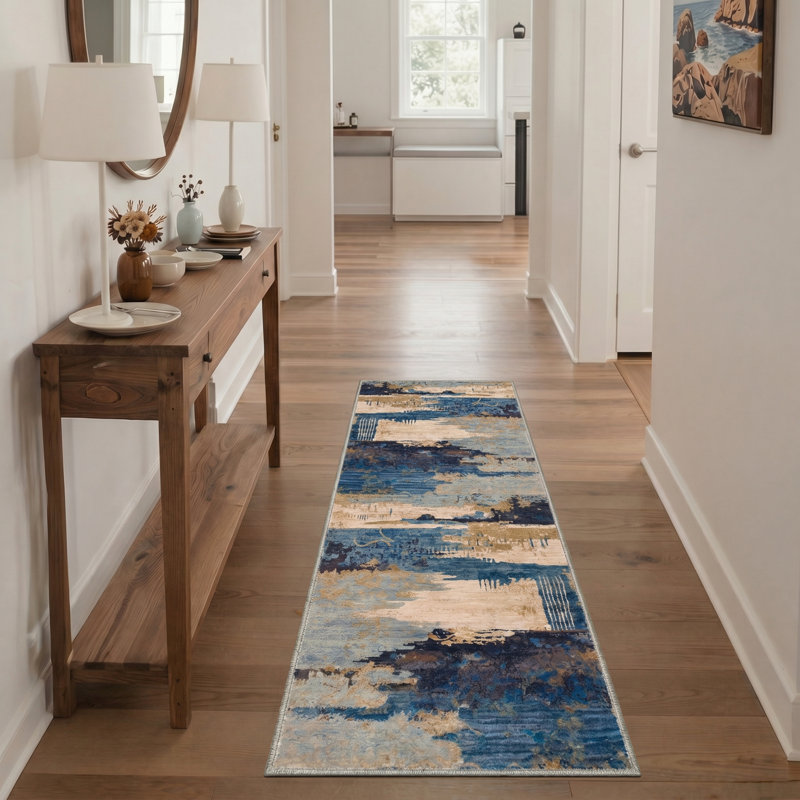 Abdul Abstract Landscape Machine Washable Navy / Gold Indoor Area Rug With Non-Slip Backing, Navy/Gold, Runner 2'3" x 6'