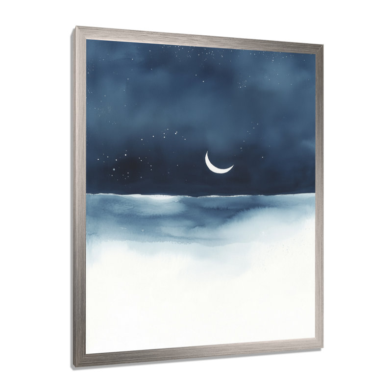 Horizon bleu, blanc et bleu nuit I - Tableau encadré Lune, H 32 po x l 16 po, Silver Picture Framed