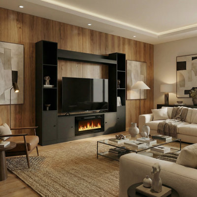 Modern Entertainment Center With Electric Fireplace, Bookshelves, Cabinet Storage & Cable Management