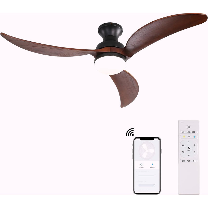 52 Inch Modern Ceiling Fan With 3 Color Dimmable Solid Wood  Blades Remote Control Reversible DC Motor For Bedroom, Black
