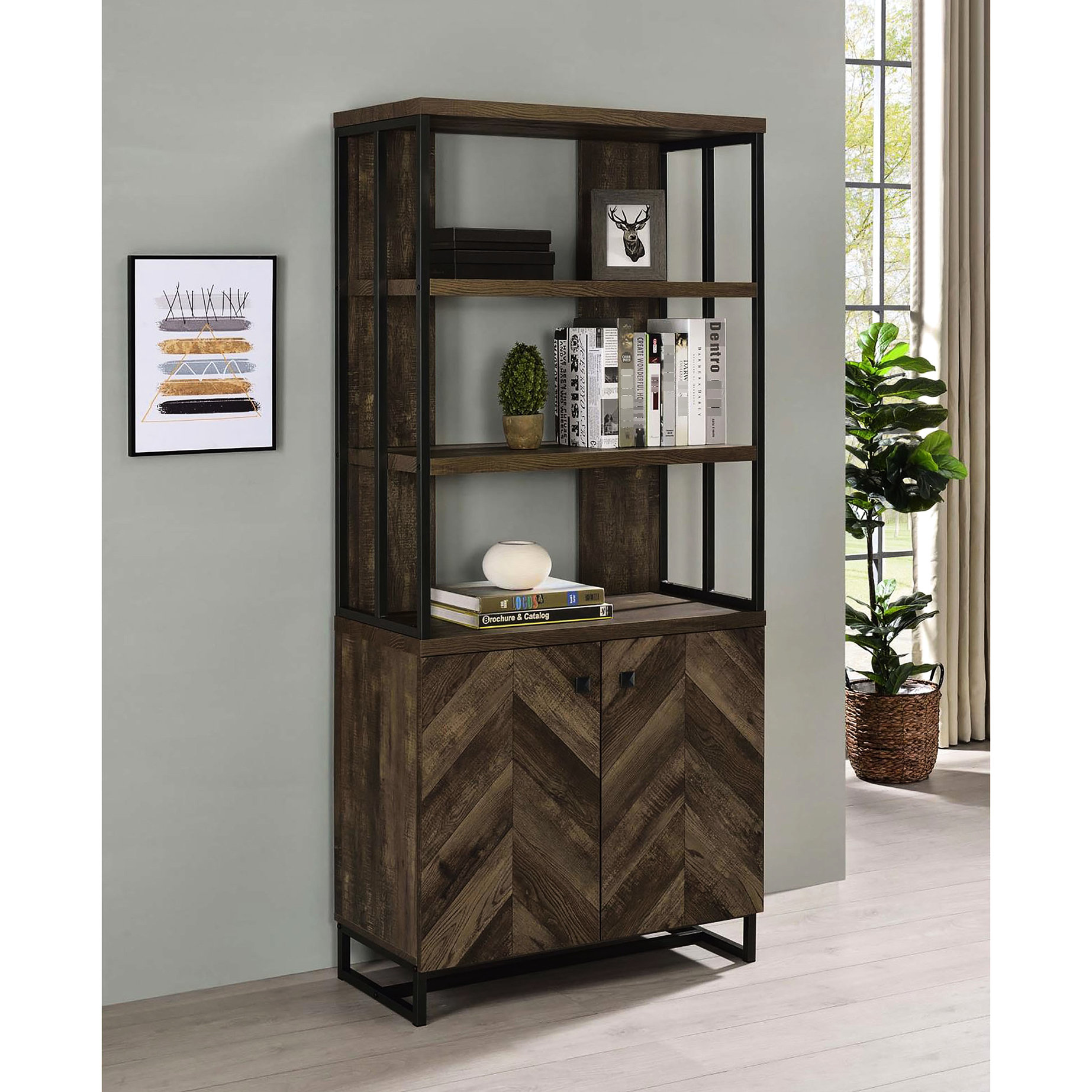 IntrospectiveIncline 2-Door Rustic Oak Bookcase With Herringbone Detail ...