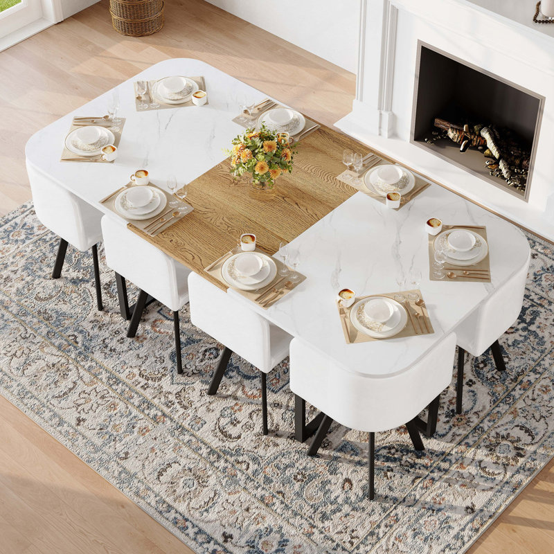 Ensemble de table de salle à manger 9 pièces 9 pièces, plateau de table fixe en grain de bois bicolore et triamine de grain de bois noir avec 8 chaises en similicuir noir, ensemble de table de cuisine moderne pour 8 personnes, idéal pour les réunions de famille