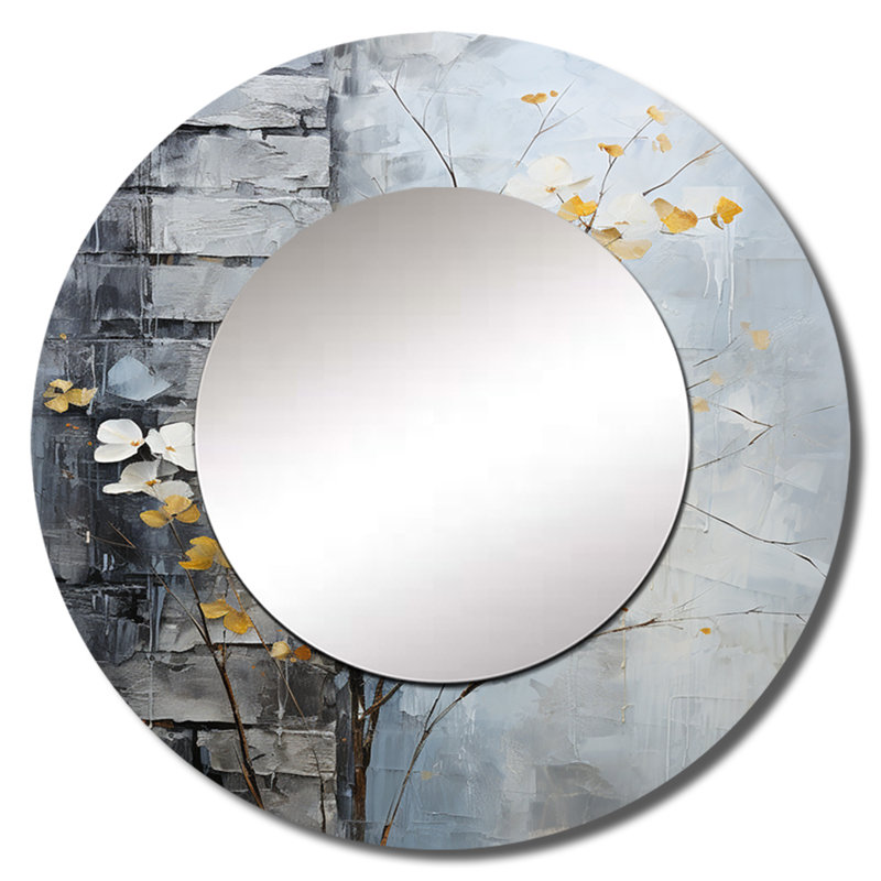 Sedina Minimalist Granite Grape Leaves - Leaves Decorative Mirror, Traditional Large Round Wall Mirror, Printed Metal Art