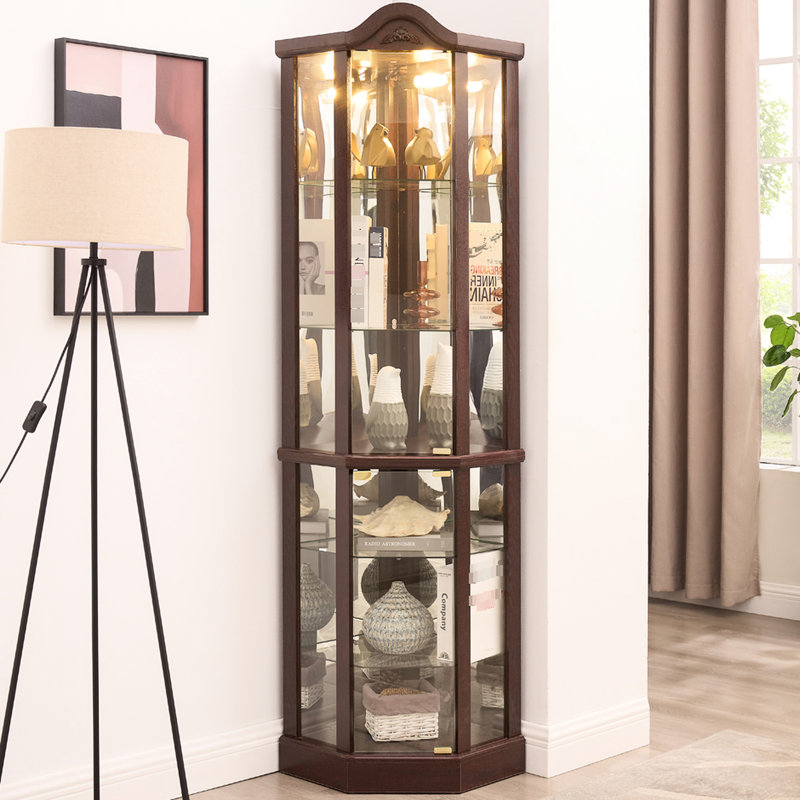 Armoire lumineuse spacieuse avec tablettes triangulaires, motif floral arqué et décoration pour couronne de rangement en verre, 4 lumières chaudes et douces