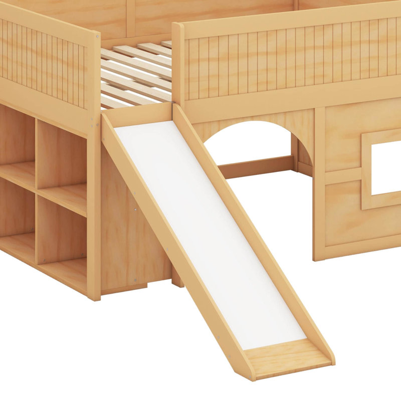Full Size Wooden Low Loft Bed With Storage Shelves And Slide,Door And Window, Multiple Functions Wooden Low Loft, Natural