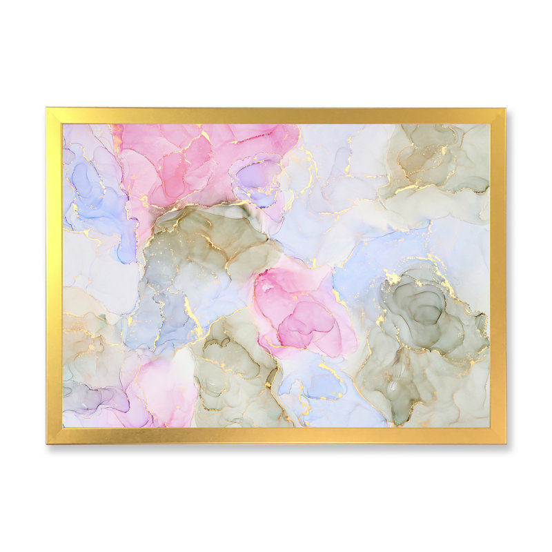 Mauve et bleu, luxe abstrait, fluide VI - peinture sur toile, H 12 po x l 20 po x P 1 po, Encadrement doré