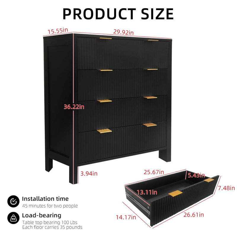 Commode 30 po à 4 tiroirs avec poignées dorées, Noir