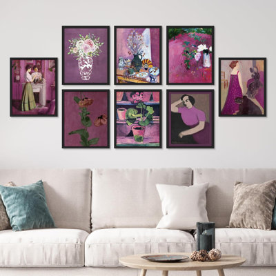 " Pink And Purple Female Portrait And Flowers Vintages Bohemian Floral " 8 - Pieces