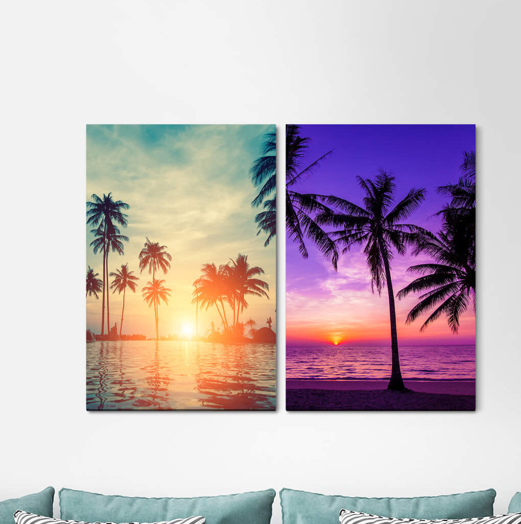 2-tlg. Leinwandbilder-Set Beach Fine Sand Sea Horizon Sunset Summer Vacation