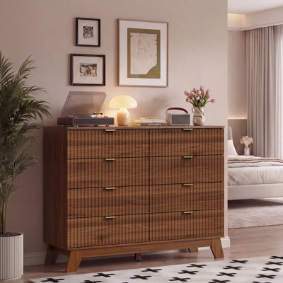 Commode cannelée à 8 tiroirs pour chambre à coucher, commode de rangement Boho l 47 po