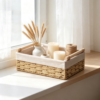 Set of 2 Handmade Rope Storage Baskets with Handles, Natural Rattan Woven Bins for Countertop, Toilet Tank, and Home Organization
