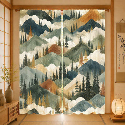 2Pcs Mountain Forest Landscape Curtains, Light Filtering Fabric, Artistic Textured Pattern, Sunshade and Privacy Protection, Rod Pocket Design, Suitable for Living Room Bedroom Balcony Home Decor