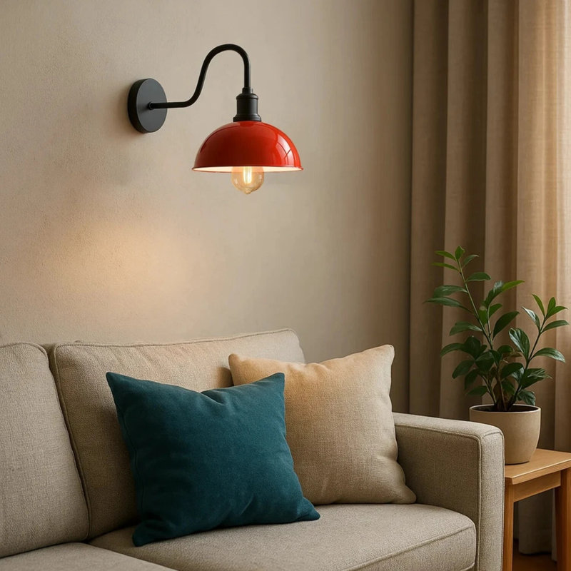Modern Industrial Vintage Dome Wall Sconce – Fixed Curved Arm Metal Light for Bedroom, Hallway, Living Room, and Office., No
