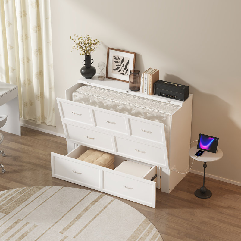 Armoire-lit, armoire-lit cubique multifonctionnel avec station de charge USB, commode murale mobile en bois massif avec tiroirs de rangement pour chambre à coucher, bureau