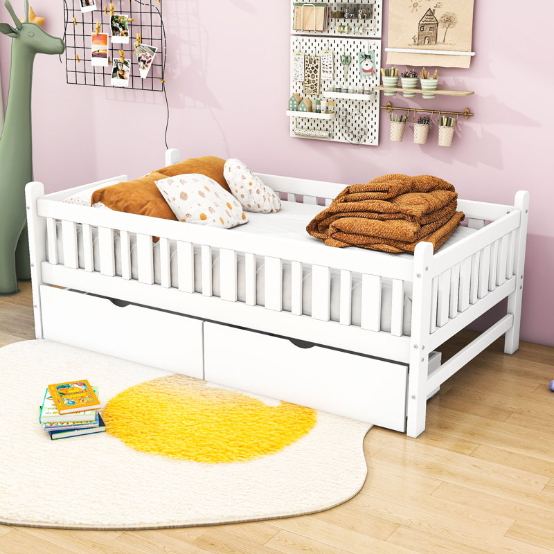 Lit plateforme simple en bois avec 2 tiroirs de rangement et garde-corps de sécurité, Blanc