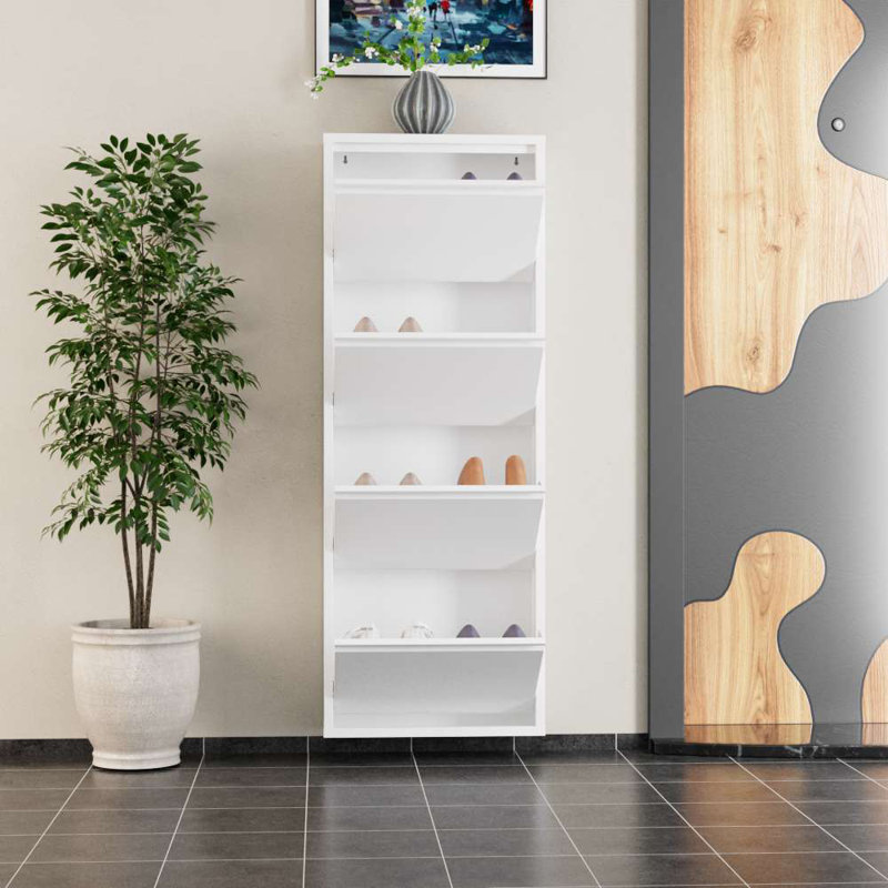 Modern Shoe Cabinet, White, 19.7 x 53.5 x 5.9 Inches | 100% Metal Construction, 0.03 Inches Thickness | Wall-Mountable Design with Centrally Opening Doors & Magnetic Holders | Stylish & Space-Saving Storage Solution
