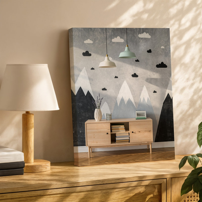 Toile Une scène intérieure d'inspiration scandinave douillette avec un buffet d'art mural en bois clair avec une finition naturelle ornée d'un art mural en toile
