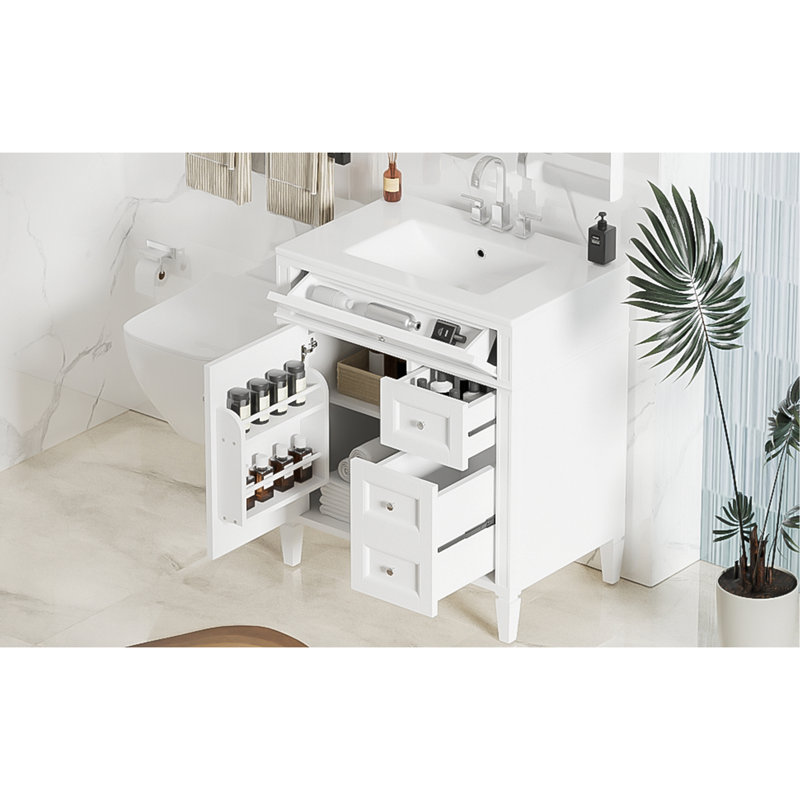 Meuble-lavabo de salle de bain avec lavabo supérieur, meuble de rangement moderne avec 2 tiroirs et un tiroir basculant, meuble-lavabo simple