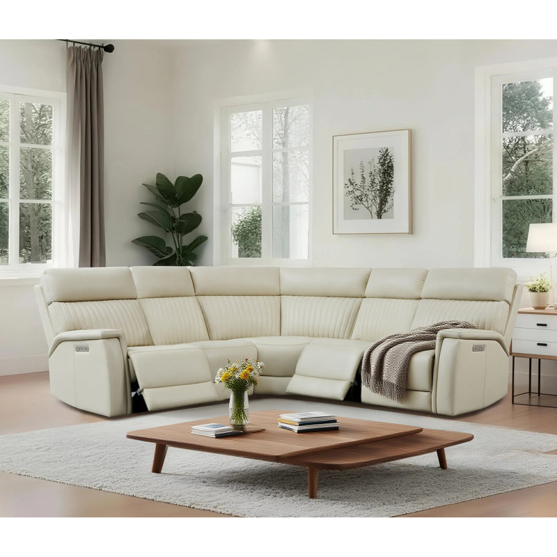 5-Piece, 3 Power Recliners Leather Reclining Sectional, Power Headrest & Lumbar  , Cream Genuine Leather, Power-Push Button