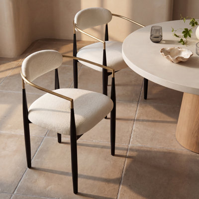 Velora Modern White Chenille Upholstered Dining Arm chair with Gold-Tone Armrests