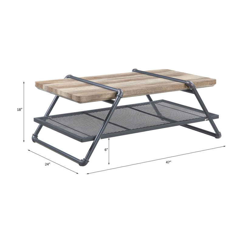 Brantley 47'' Oak and Gray Industrial Coffee Table with Metal Mesh Shelf