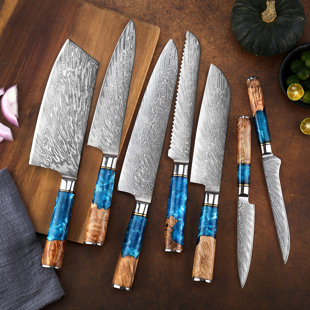 Senken Knives SENKEN 8-Piece Japanese Knife Set with Blue Resin Handle and  Laser Damascus Pattern 