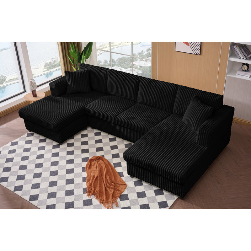 4 Seat U Sectional Couch, 110'' W Corduroy Sofa With Double Chaises, Black Corduroy
