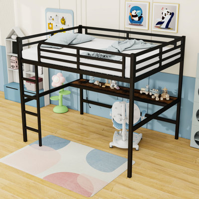 Queen-Size Metal Loft Bed With Built-In Desk, USB Charging, And LED Lighting